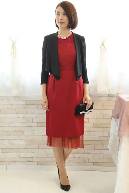 レッドのチュール切替Iラインドレス