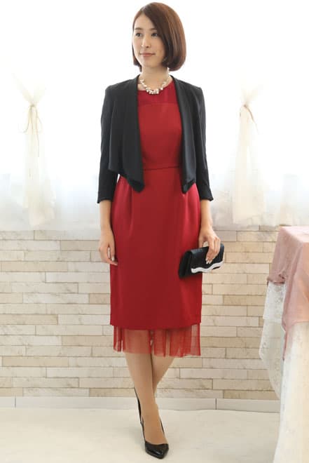 レッドのチュール切替Iラインドレス