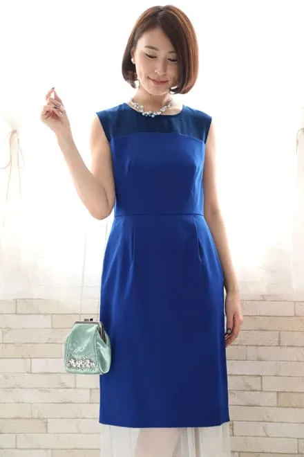 ロイヤルブルーのチュール切替Iラインドレス