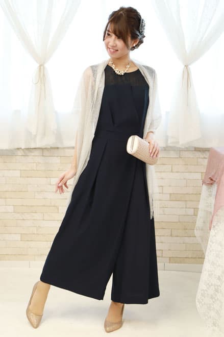 ネイビーのビスチェ風ガウチョパンツドレス