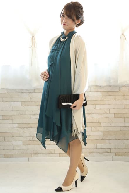 ブルーグリーンのハイネックドレープドレス