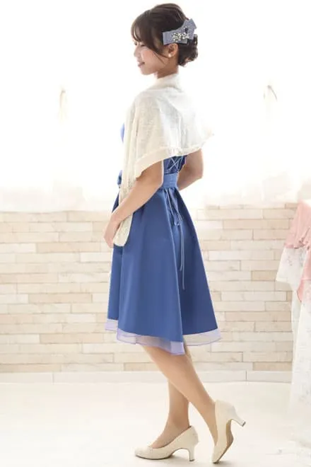 ブルーのフレンチフリルスリーブドレス