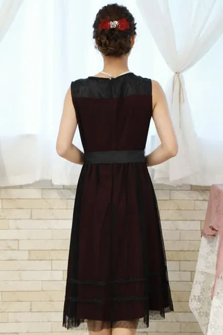 ワインレッド×ブラックのドット柄チュールドレス