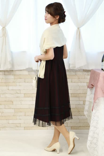 ワインレッド×ブラックのドット柄チュールドレス