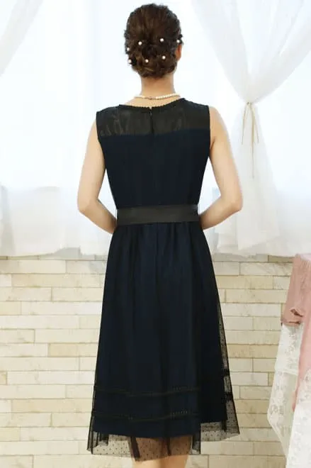 ブルーグリーン×ブラックのドット柄チュールドレス