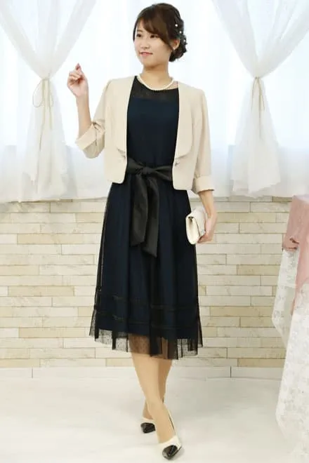 ブルーグリーン×ブラックのドット柄チュールドレス