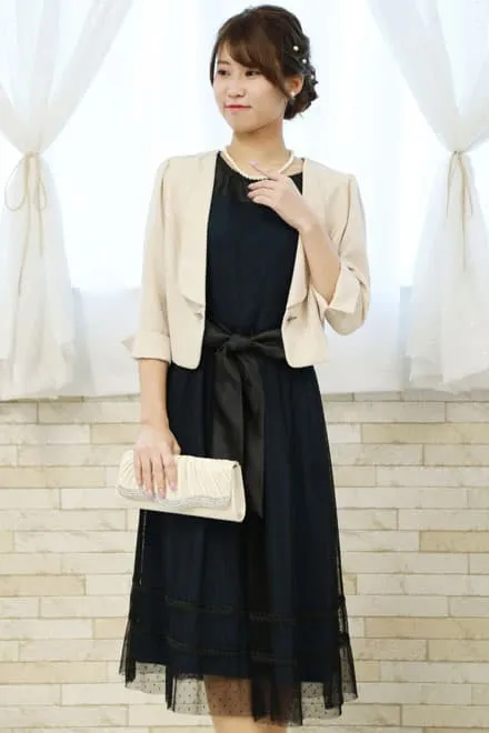 ブルーグリーン×ブラックのドット柄チュールドレス