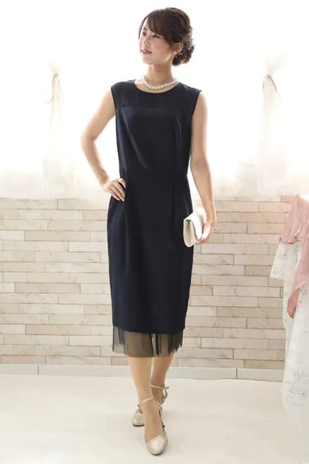 ネイビーのチュール切替Iラインドレス