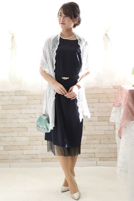 ネイビーのチュール切替Iラインドレス