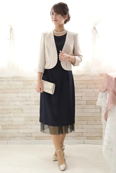 ネイビーのチュール切替Iラインドレス