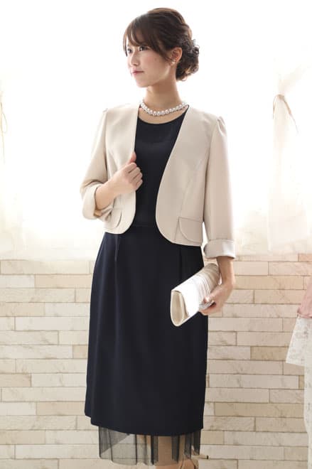 ネイビーのチュール切替Iラインドレス