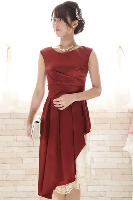 アサクラ】ワインレッド レース切替 L お呼ばれドレス ワインレッドの
