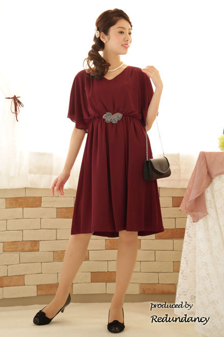 ボルドーのウエストビジュー膝丈ワンピース