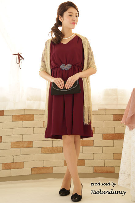 ボルドーのウエストビジュー膝丈ワンピース