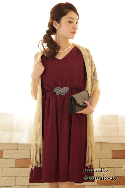 ボルドーのウエストビジュー膝丈ワンピース