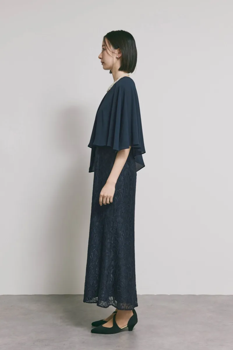 ネイビーのケープレイヤードドレス [ 店頭販売価格 47,300円 ]