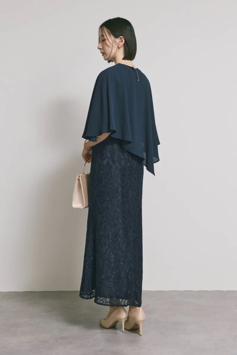 ネイビーのケープレイヤードドレス [ 店頭販売価格 47,300円 ]