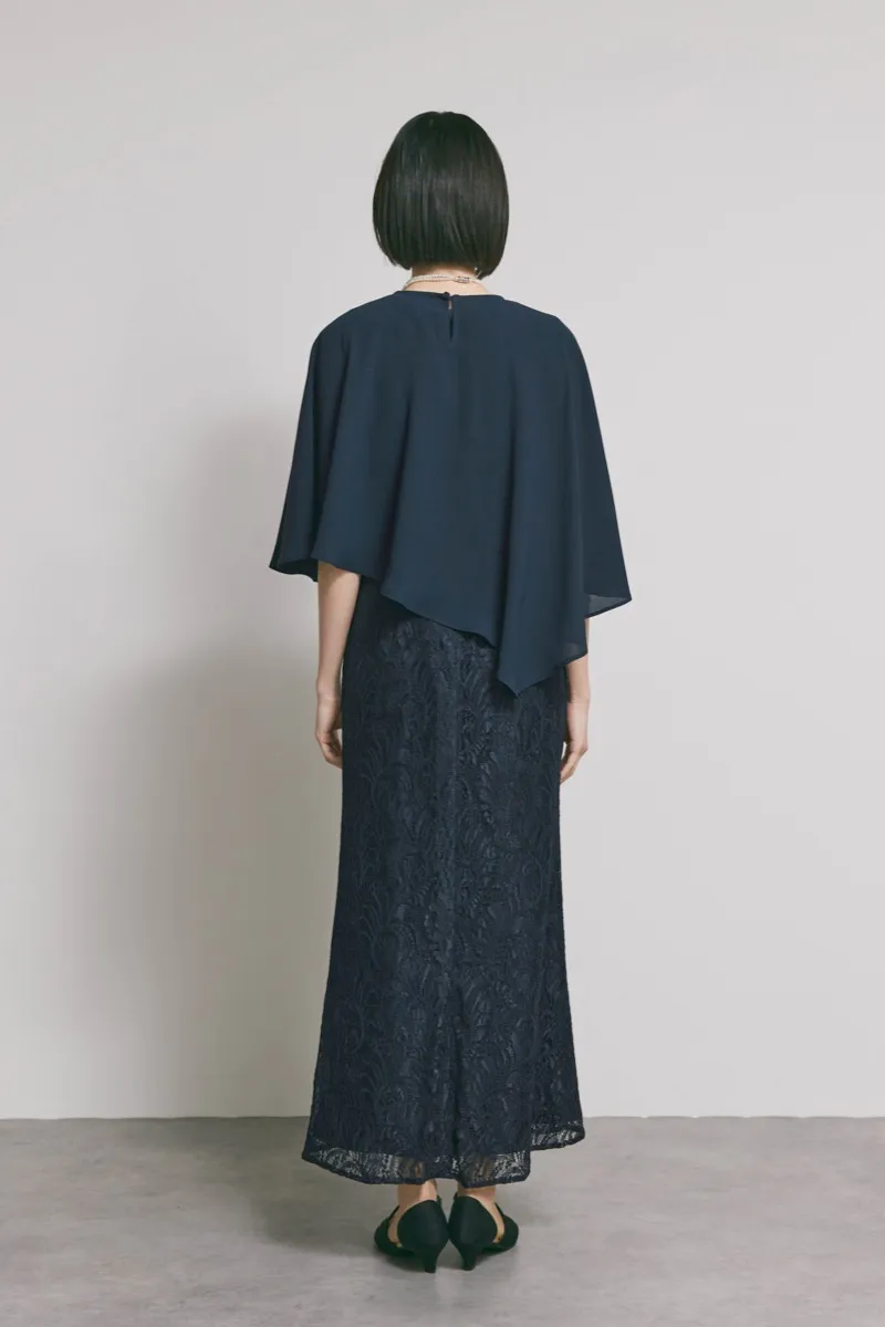 ネイビーのケープレイヤードドレス [ 店頭販売価格 47,300円 ]