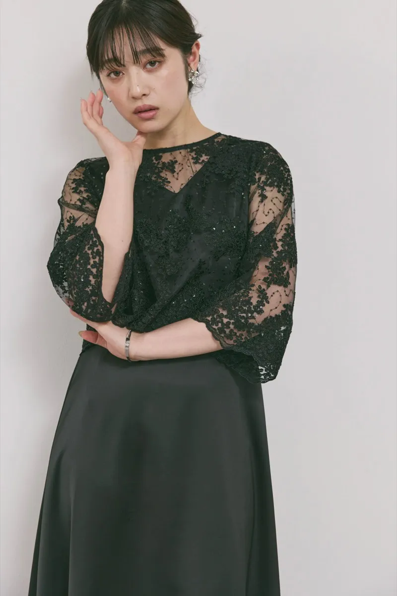 ブラックのシャイニーレースレイヤードドレス [ 店頭販売価格49,500円 ]