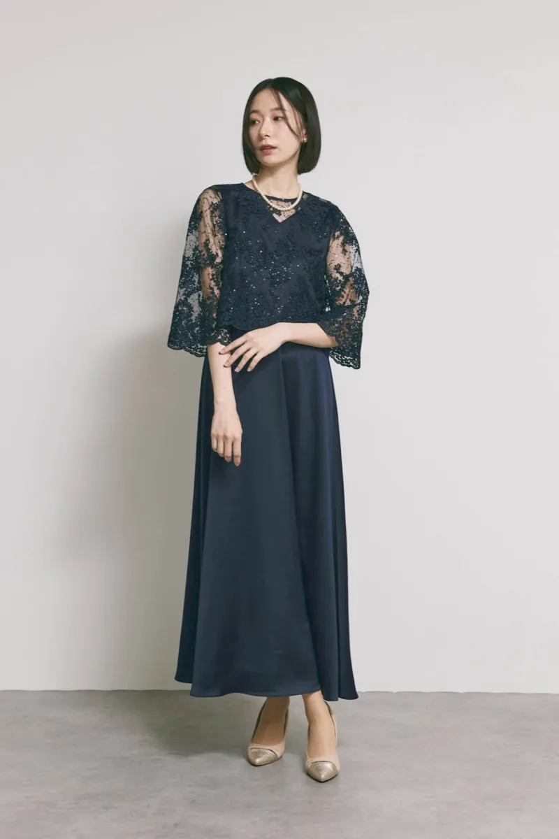 ネイビーのシャイニーレースレイヤードドレス [ 店頭販売価格 49,500円 ][M] eneak