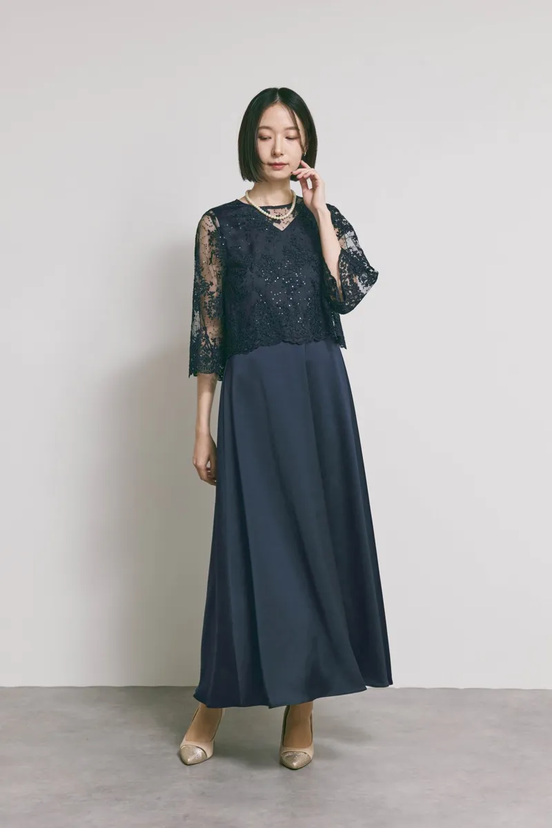 ネイビーのシャイニーレースレイヤードドレス [ 店頭販売価格 49,500円 ]