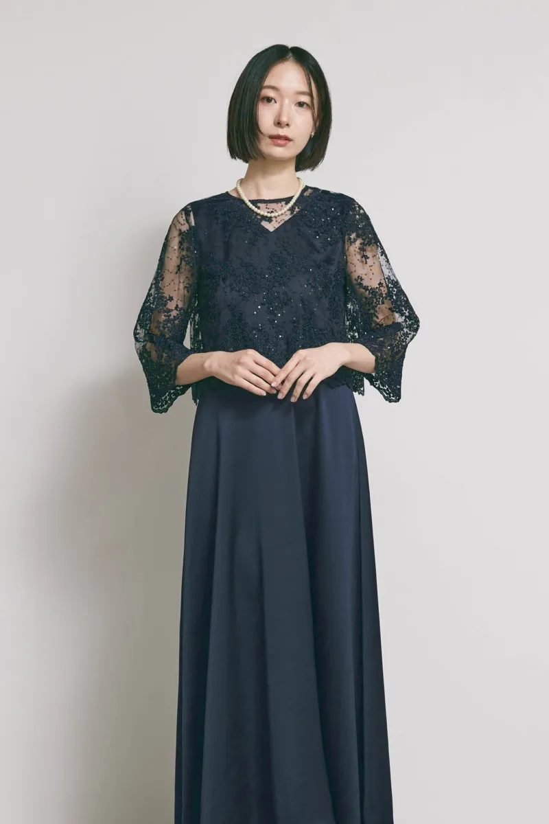 ネイビーのシャイニーレースレイヤードドレス [ 店頭販売価格 49,500円 ]