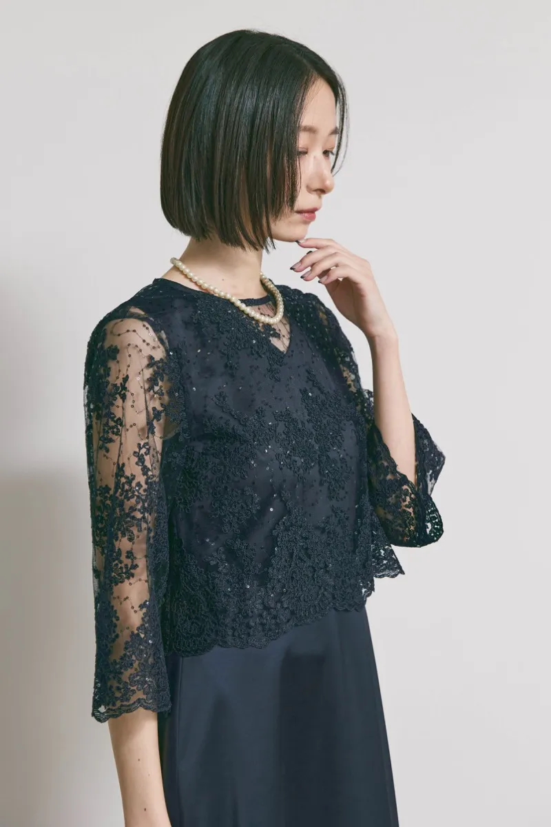 ネイビーのシャイニーレースレイヤードドレス [ 店頭販売価格 49,500円 ]