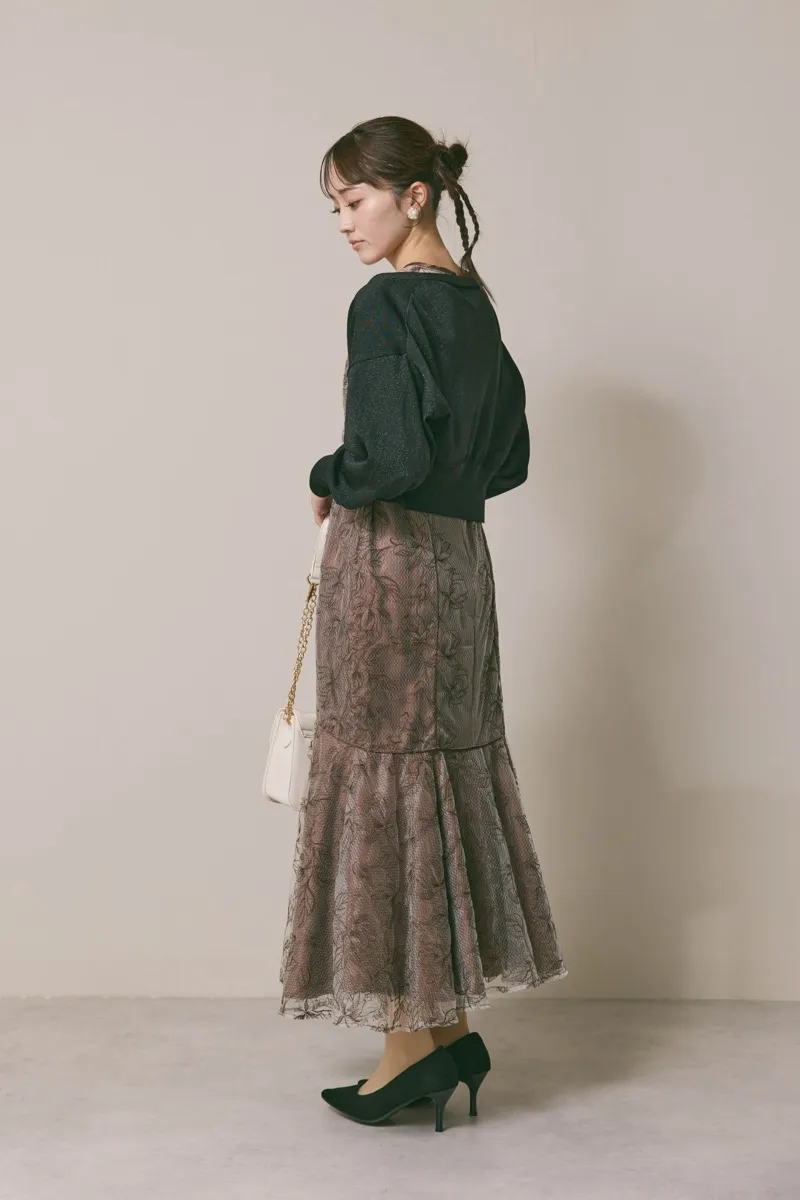 ブラウンのフローラルチュールマーメイドドレス