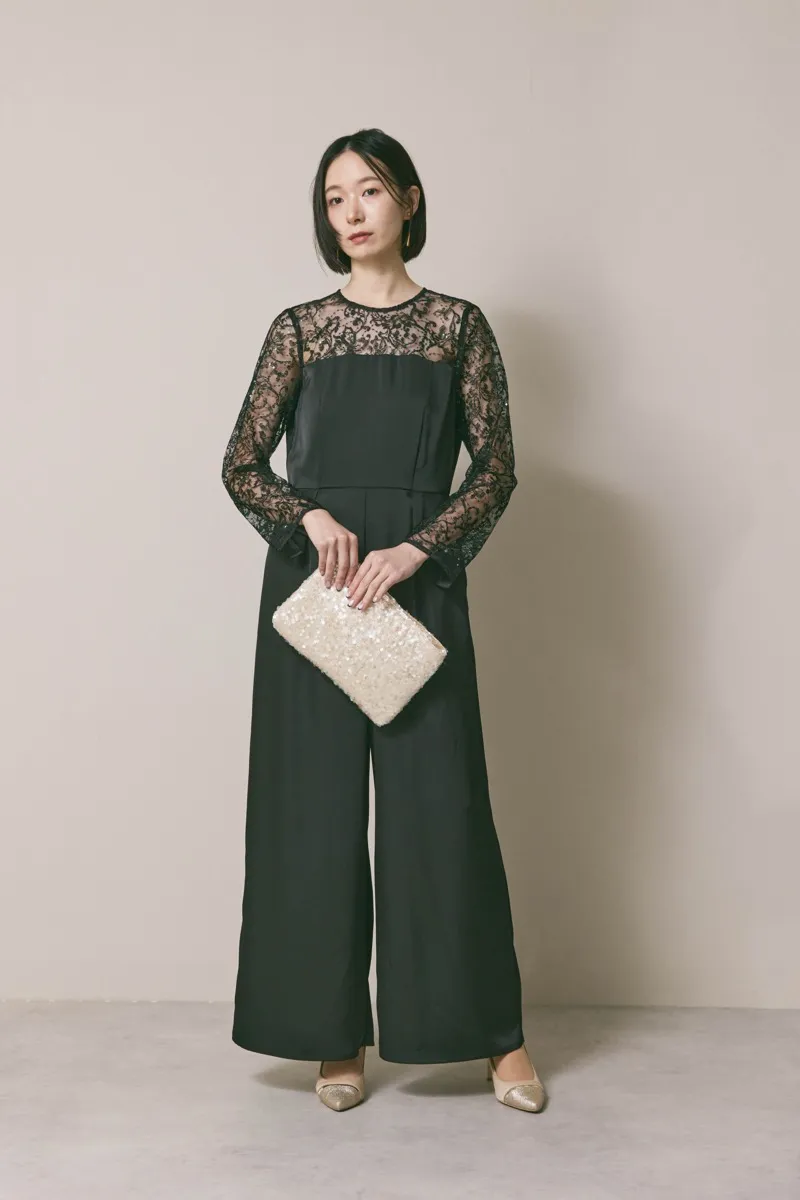 ブラックのシークエンブロイダリーパンツドレス