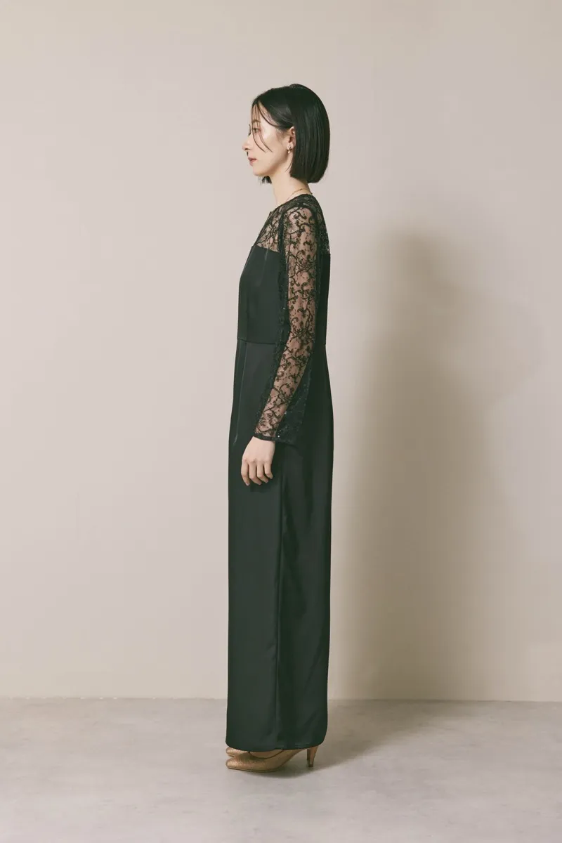 ブラックのシークエンブロイダリーパンツドレス