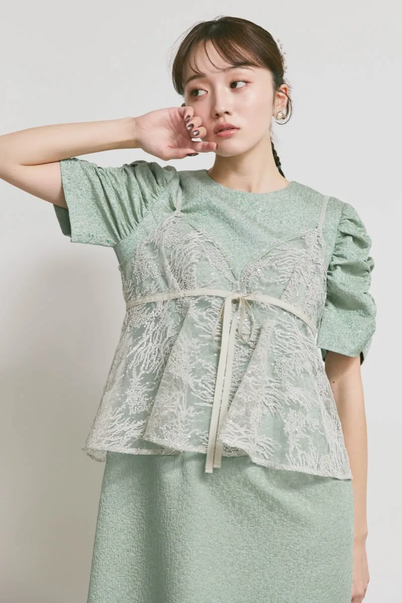 グリーンのスパンコールレースビスチェドレス