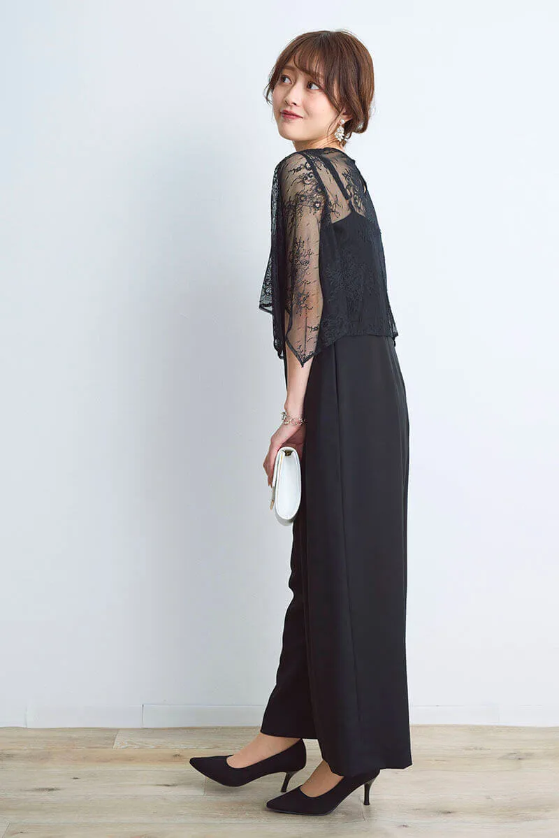 ブラックのレースブラウスセットオールインワン