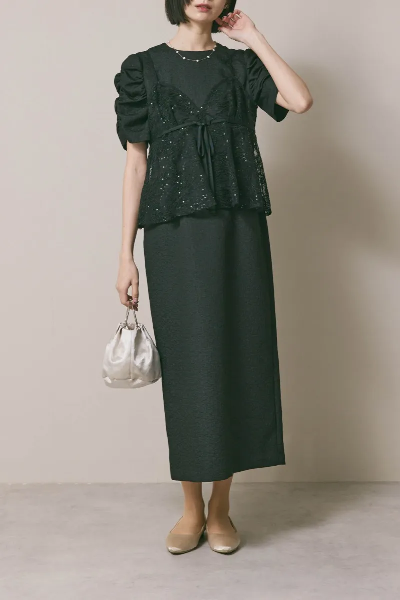 ブラックのスパンコールレースビスチェドレス