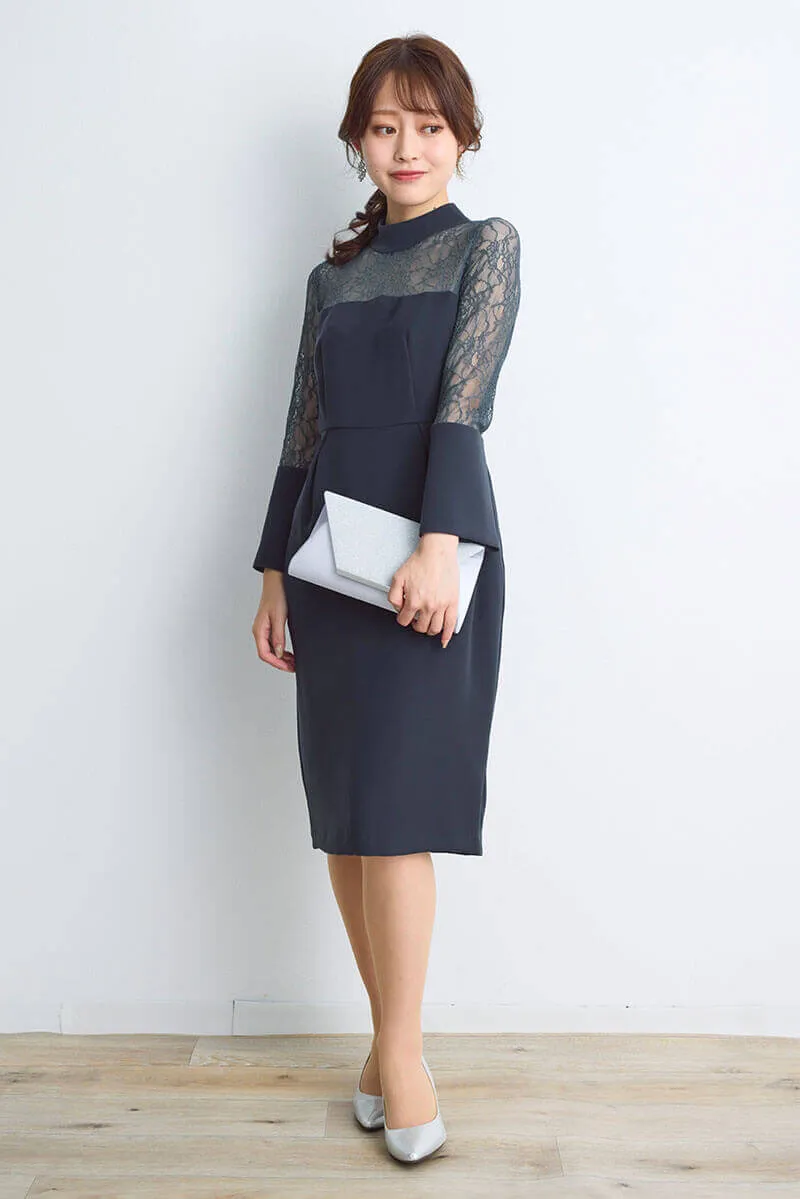 ネイビーのフレアカフスIラインドレス