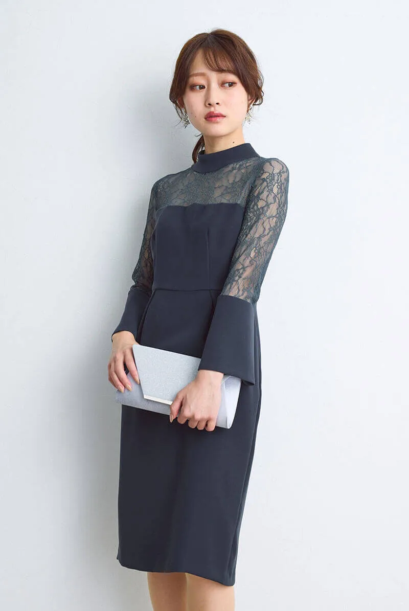 ネイビーのフレアカフスIラインドレス