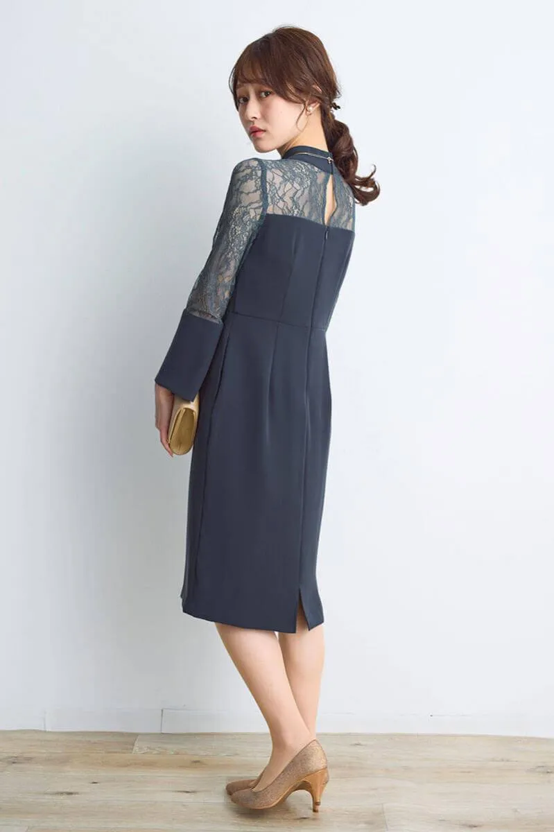 ネイビーのフレアカフスIラインドレス