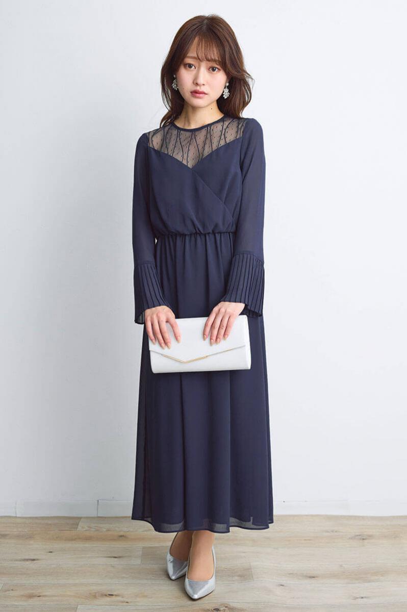 ネイビーのカシュクールシフォンドレス