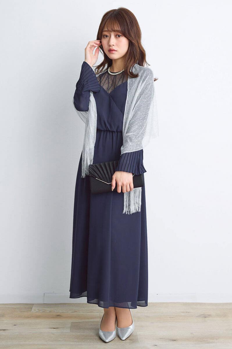ネイビーのカシュクールシフォンドレス