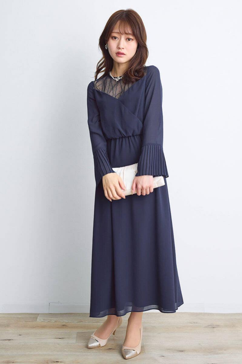 ネイビーのカシュクールシフォンドレス