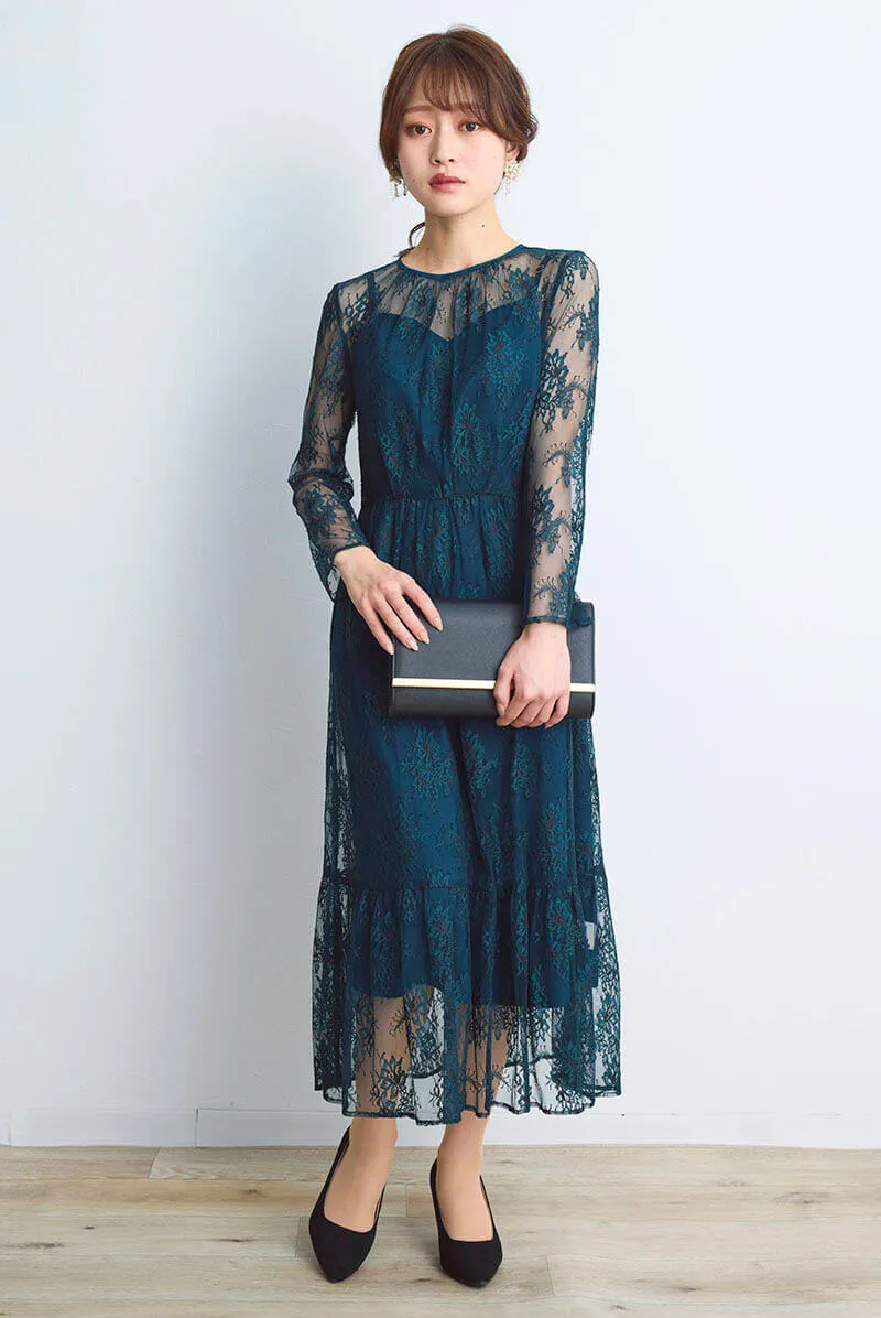 ダークグリーンのオールレース配色ドレス