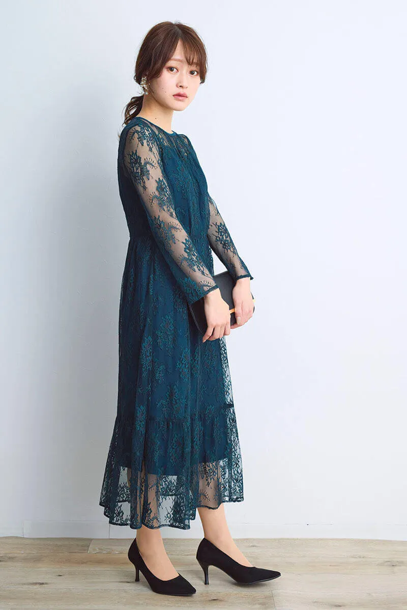 ダークグリーンのオールレース配色ドレス