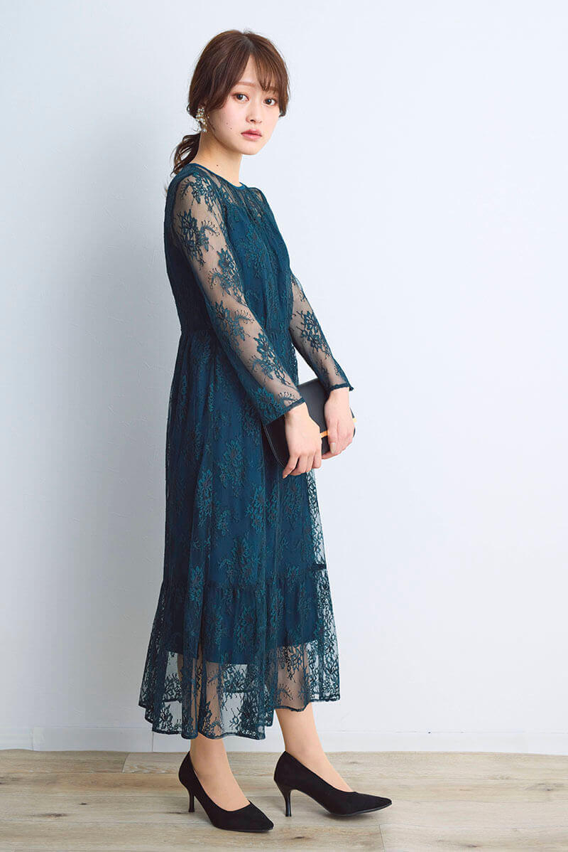 ダークグリーンのオールレース配色ドレス