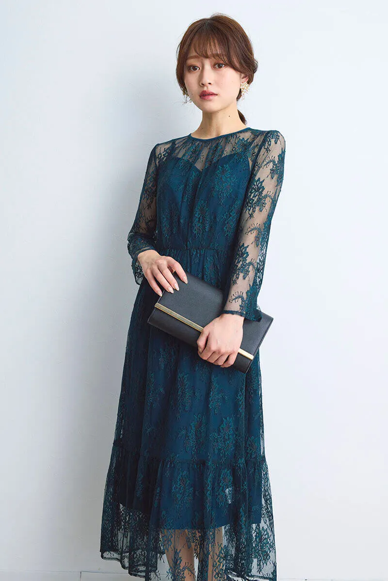 ダークグリーンのオールレース配色ドレス