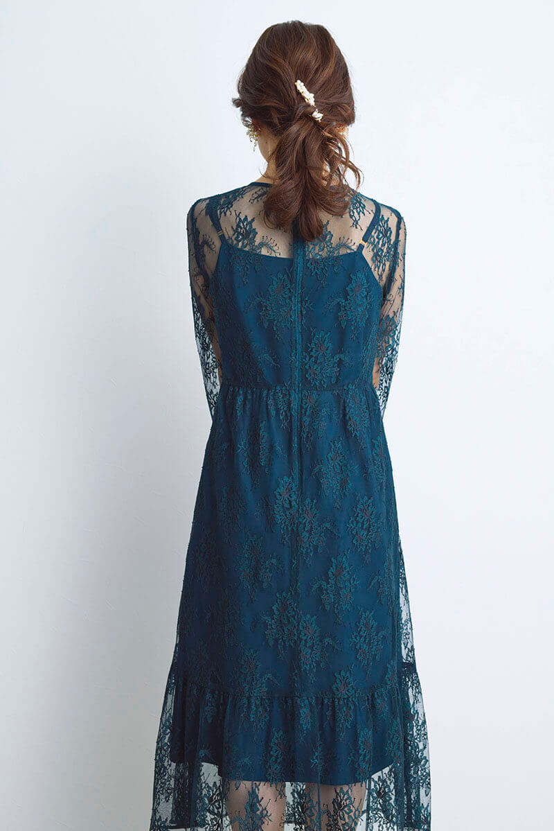 ダークグリーンのオールレース配色ドレス