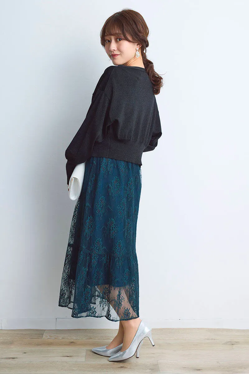 ダークグリーンのオールレース配色ドレス