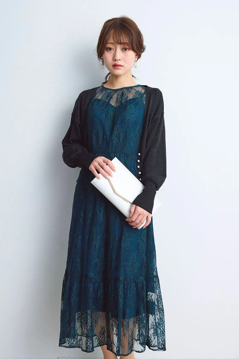 ダークグリーンのオールレース配色ドレス