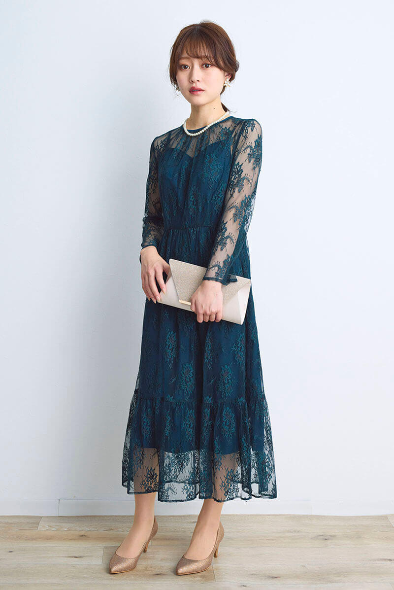 ダークグリーンのオールレース配色ドレス