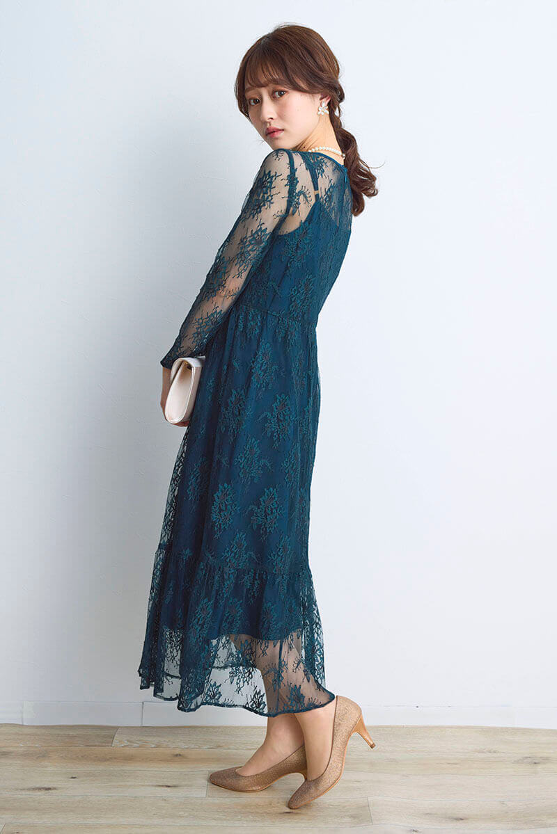 ダークグリーンのオールレース配色ドレス