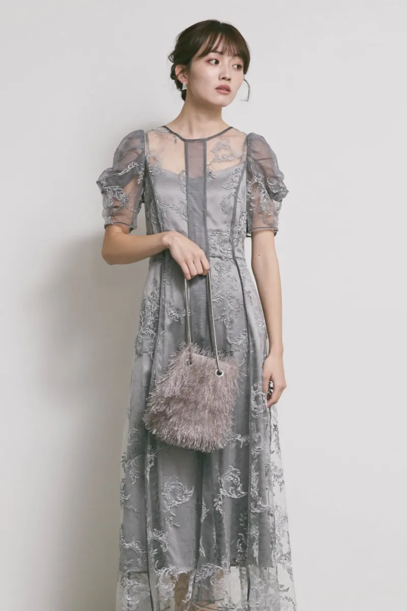 グレーのコードフラワレースドレス
