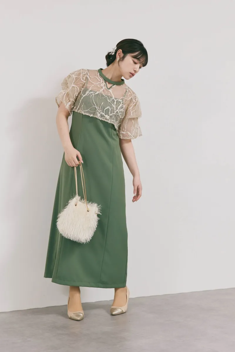 カーキのフラワーモール刺繍ドレス